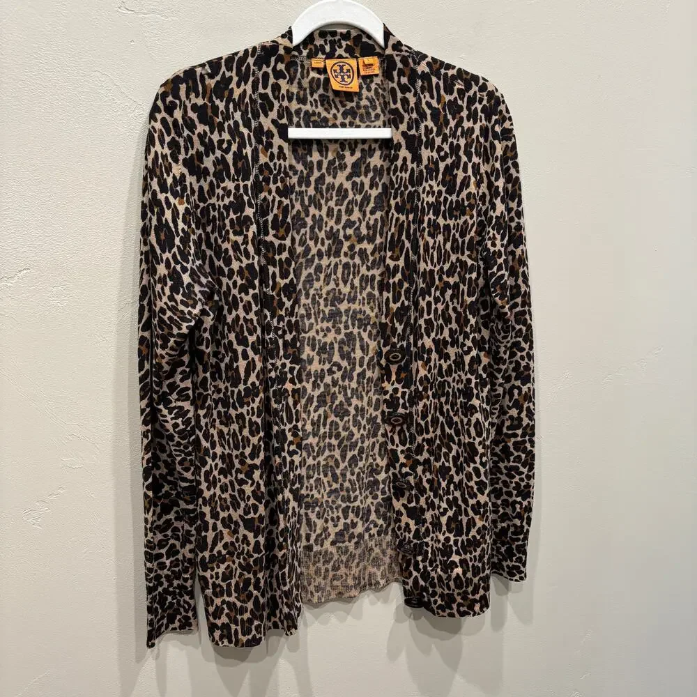 Tory Burch Merino Wool Leopard Print Cardigan Black Brown - Size: Large